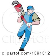 Poster, Art Print Of Retro Cartoon White Male Plumber Running And Holding A Giant Monkey Wrench