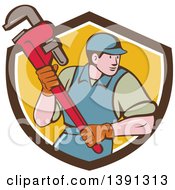 Poster, Art Print Of Retro Cartoon White Male Plumber Running And Holding A Giant Monkey Wrench Emerging From A Brown White And Yellow Shield