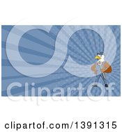 Clipart Of A Cartoon Bald Eagle Mechanic Man Holding A Wrench And Blue Rays Background Or Business Card Design Royalty Free Illustration