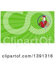 Poster, Art Print Of Cartoon Bald Eagle Mechanic Man Holding A Wrench And Green Rays Background Or Business Card Design