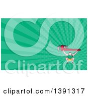 Clipart Of A Retro Cartoon White Male Plumber Bodybuilder Doing Squats With A Giant Monkey Wrench And Turquoise Rays Background Or Business Card Design Royalty Free Illustration
