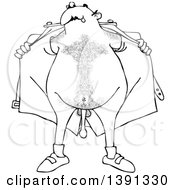 Cartoon Black And White Lineart Hairy Flasher Man Opening His Jacket And Showing His Junk