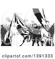 Clipart Of A Grayscale Crowd Of Protesters With Flags Royalty Free Vector Illustration