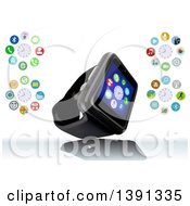 Clipart Of A 3d Black Smart Watch With Application Icons Around It On Reflective White Royalty Free Vector Illustration