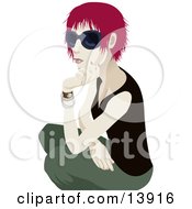 Cool Red Haired Woman Wearing Sunglasses And Crouching