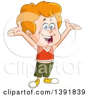 Clipart Of A Cartoon Happy Blue Eyed Red Haired Caucasian Boy Cheering Royalty Free Vector Illustration