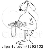 Toon Clipart Of A Black And White Lineart Dog Holding A Tsa Tray Of Accessories Royalty Free Vector Illustration