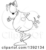 Toon Clipart Of A Black And White Lineart Dog Walking Upright And Farting Royalty Free Vector Illustration