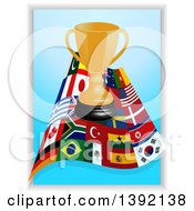 Poster, Art Print Of Gold Trophy Over A Wave Of World Flags On Blue