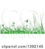 Poster, Art Print Of Border Of Green Silhouetted Weeds And Butterflies