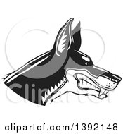 Woodcut Black And White Tough Snarling Doberman Pinscher Dog Head In Profile