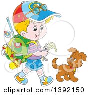 Cartoon Little Blond White Boy Ready To Go Explore Walking With A Puppy Dog