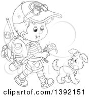 Poster, Art Print Of Cartoon Black And White Lineart Little Boy Ready To Go Explore Walking With A Puppy Dog