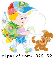 Poster, Art Print Of Cartoon Little Blond Caucasian Boy Ready To Go Explore Walking With A Puppy Dog