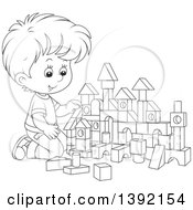 Poster, Art Print Of Cartoon Black And White Lineart Little Boy Playing With Toy Blocks