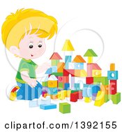 Poster, Art Print Of Cartoon Little Blond Caucasian Boy Playing With Toy Blocks