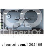 Poster, Art Print Of 3d Room Interior With A Sofa Shelf Frames Wall Clock And Vase On Wood Flooring