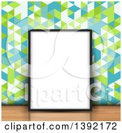 Poster, Art Print Of 3d Blank Picture Frame Leaning Against Retro Geometric Wallpaper On A Wood Floor