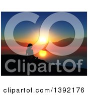 Clipart Of A 3d Silhouetted Woman Stretching In A Yoga Pose Against An Ocean Bay Sunset Royalty Free Illustration by KJ Pargeter