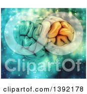 Clipart Of A 3d Human Brain With Frontal Lobe Highlighted And Magical Lights Royalty Free Illustration