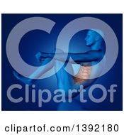 Clipart Of A 3d Anatomical Man Doing Sit Ups With Visible Abdominal Muscles On Blue Royalty Free Illustration