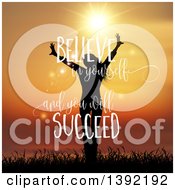 Clipart Of A Silhouetted Happy Woman In Grass Against A Sunset With Believe In Yourself And You Will Succeed Inspirational Text Royalty Free Vector Illustration
