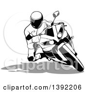 Clipart Of A Black And White Biker Turning On A Motorcycle Royalty Free Vector Illustration by dero