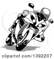 Poster, Art Print Of Black And White Biker Turning On A Motorcycle