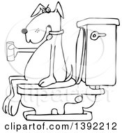 Cartoon Black And White Lineart Dog Out Of Tp Sitting On A Toilet