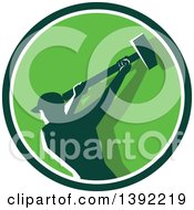 Retro Silhouetted Male Demolition Worker Swinging A Sledgehammer In A Green And White Circle