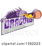 Poster, Art Print Of Retro Purple Fire Breathing Dragon Holding A Basketball Over Text