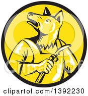 Retro Woodcut Dingo Dog Welder In A Black And Yellow Circle