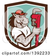 Poster, Art Print Of Cartoon Muscular Horse Man Plumber Holding A Monkey Wrench In A Brown White And Turquoise Shield