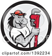 Poster, Art Print Of Cartoon Muscular Horse Man Plumber Holding A Monkey Wrench In A Black White And Gray Circle