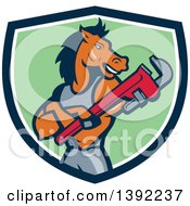 Poster, Art Print Of Cartoon Muscular Horse Man Plumber With Folded Arms Holding A Monkey Wrench In A Blue White And Green Shield