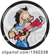 Clipart Of A Cartoon Muscular Horse Man Plumber With Folded Arms Holding A Monkey Wrench In A Black White And Gray Circle Royalty Free Vector Illustration