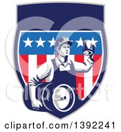 Clipart Of A Retro Male Construction Worker Toasting And Carrying A Beer Keg In An American Shield Royalty Free Vector Illustration