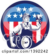 Retro Male Construction Worker Toasting And Carrying A Beer Keg In An American Circle
