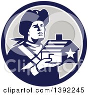 Poster, Art Print Of Retro Male American Patriot Soldier Holding A Home In A Blue White And Gray Circle