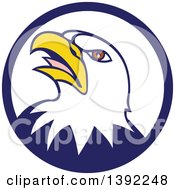 Poster, Art Print Of Cartoon Angry Bald Eagle Head In A Blue And White Circle
