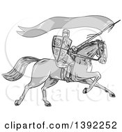 Poster, Art Print Of Retro Sketched Grayscale Horseback Knight Holding A Lance Shield And Flag