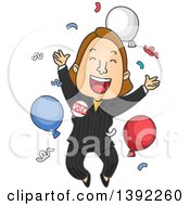 Poster, Art Print Of Cartoon Caucasian Female Politician Jumping After A Win