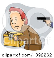 Cartoon Caucasian Man Being Held At Gunpoint And Carrying A Ballot Box