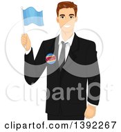 Poster, Art Print Of Brunette White Male Politician Holding A Flag