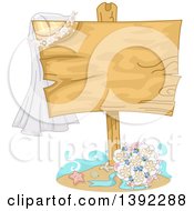 Poster, Art Print Of Wedding Bouquet And Shells Under A Blank Wood Sign With A Veil