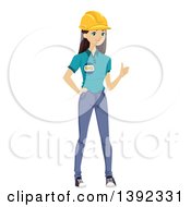 Clipart Of A Brunette White Woman Wearing An Election Badge And Hard Hat Royalty Free Vector Illustration by BNP Design Studio