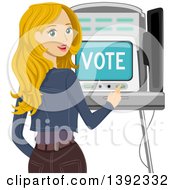 Blond White Woman Looking Back And Using A Voting Machine