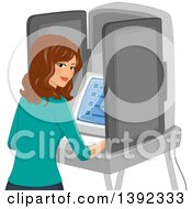 Clipart Of A White Woman Looking Back While Using A Voting Machine Royalty Free Vector Illustration
