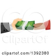 Clipart Of White And Black Male Hands Exchanging Cash Money Royalty Free Vector Illustration