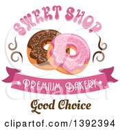 Clipart Of Pink And Chocolate Glazed Donuts With Text Royalty Free Vector Illustration